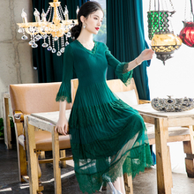 Women Pleated Slim Large Lace Dress 2020 Spring New Mesh Patchwork Dress
