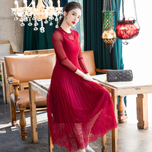 Red Slim Large Lace Dress 2020 Spring New Mesh Patchwork Pleated Dress