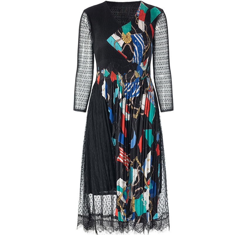 French Retro Print Pleated Dress 2020 Spring New Women's Large Pleated Dress