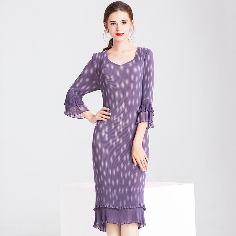 Spring Women Pleated Print Lady Elegant High End Fashion New Dress