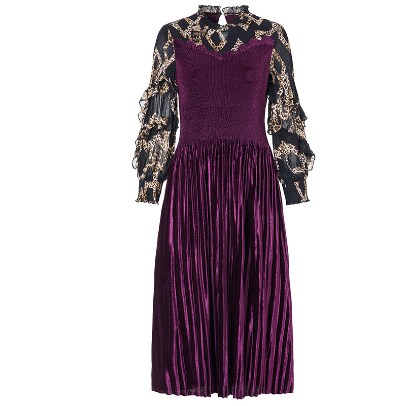 French Large Pleated Velvet Dress Autumn 2019 Fashion Printed Women's Slim Pleated Dress