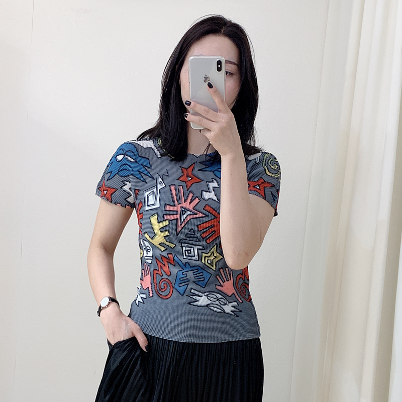 Summer Women Pleated Print Tops Casual Loose Big Size Elastic Casual Shirts