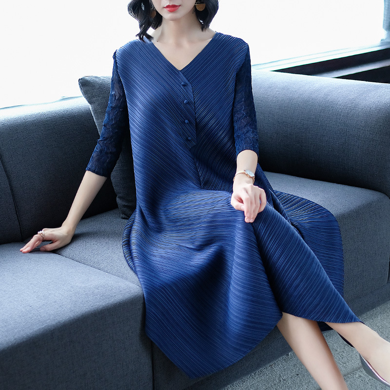 Women Pleated Solid Color Loose Big Size Lady Elegant Tidal Dress