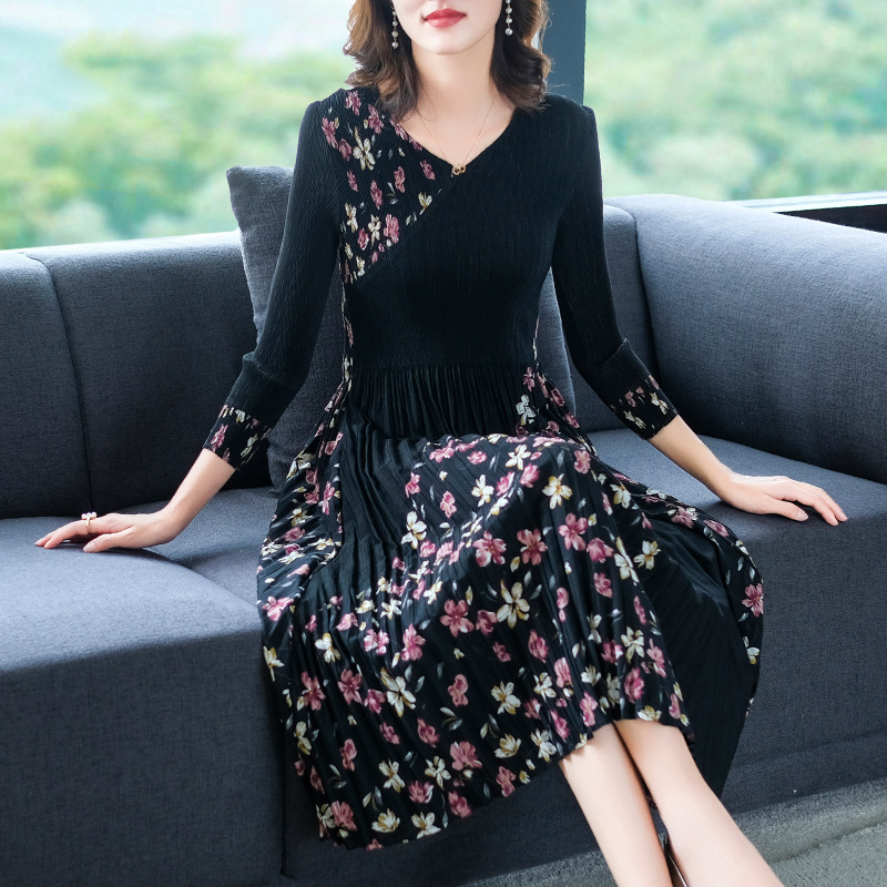 Pleated Fashion Printed Lady Dress New Large Pleated Dress Autumn 2019