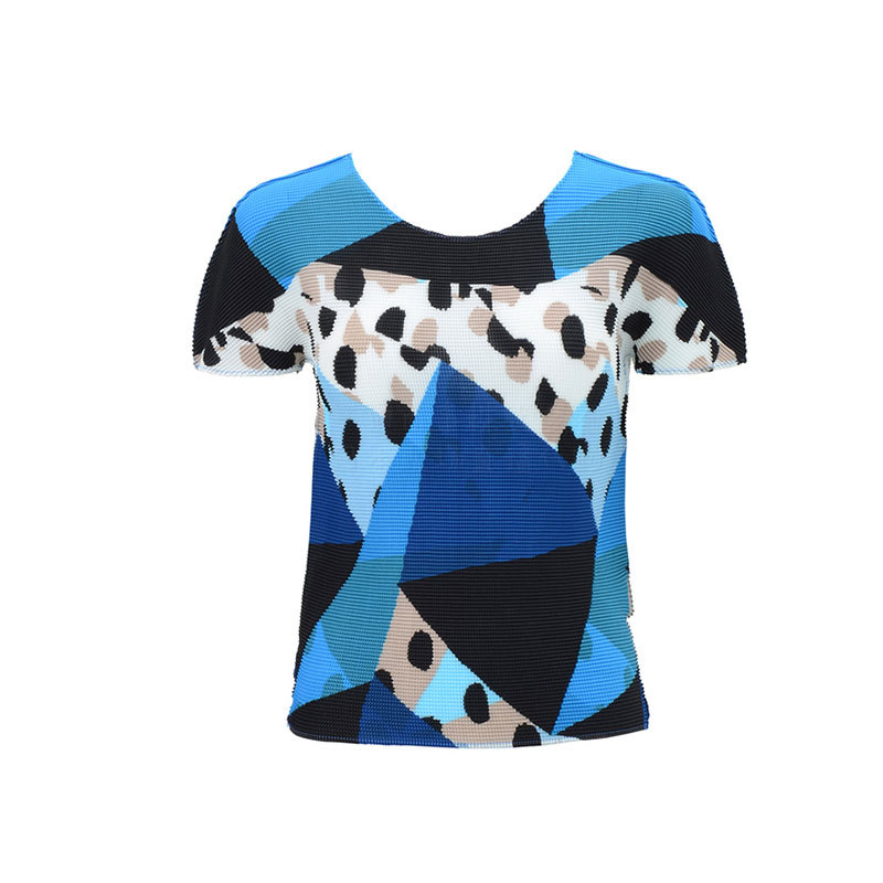 Pleated Top Women's Super Elastic Thin Round Neck Color Matching T-shirt Short Sleeve Tops