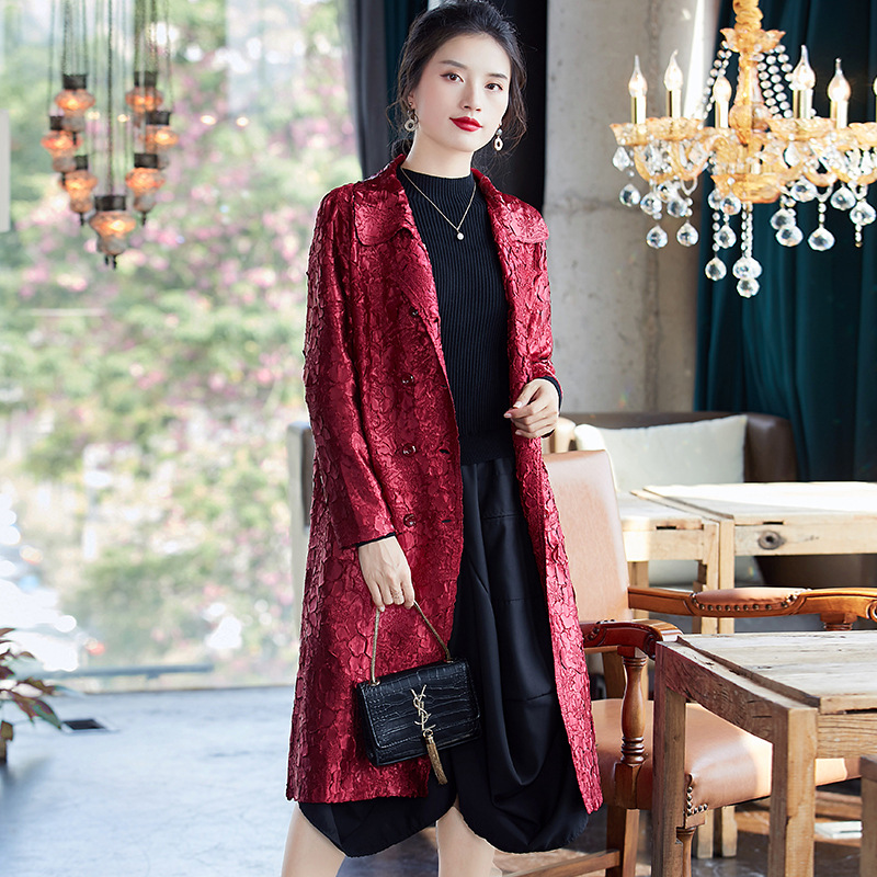 Autumn Winter Pleated Coat Large Women's Wear Double Row Button Long Sleeve Jacket