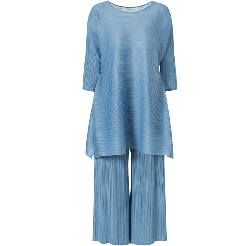 2020 Spring New Style Women Pleated Wide Leg Trousers Tops Two Piece Fashion Clothing Sets
