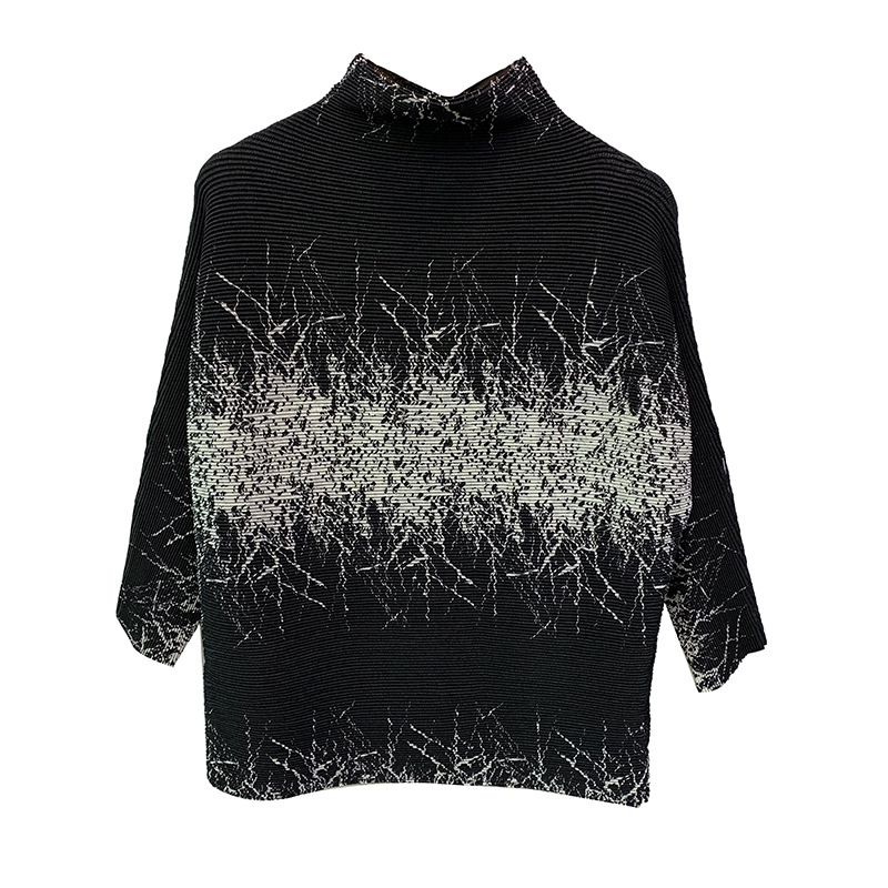 Women Pleated Top Spring New High Collar Pullover Bat Sleeve Thin Pleated T-shirt