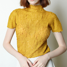 Temperament High Neck Short Sleeve Tops Women's Simple Slim Pleated T-shirt
