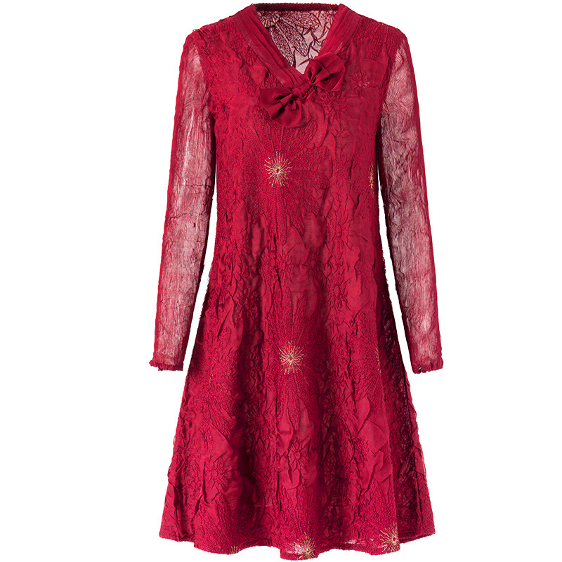 Women Red Large Embroidered Dress 2020 Spring New Loose Pleated A-line Dress