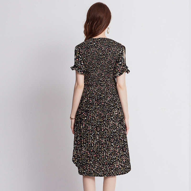 Women Fashion New Dresses Floral Print Dress Summer Chiffon Pleats Dresses