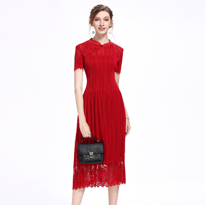 Retro Pleats Dress Lace Buckle Slim Spring Summer Female Temperament Dress