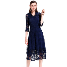 European And American Pleat V neck Lace Original Fashion womens Dress