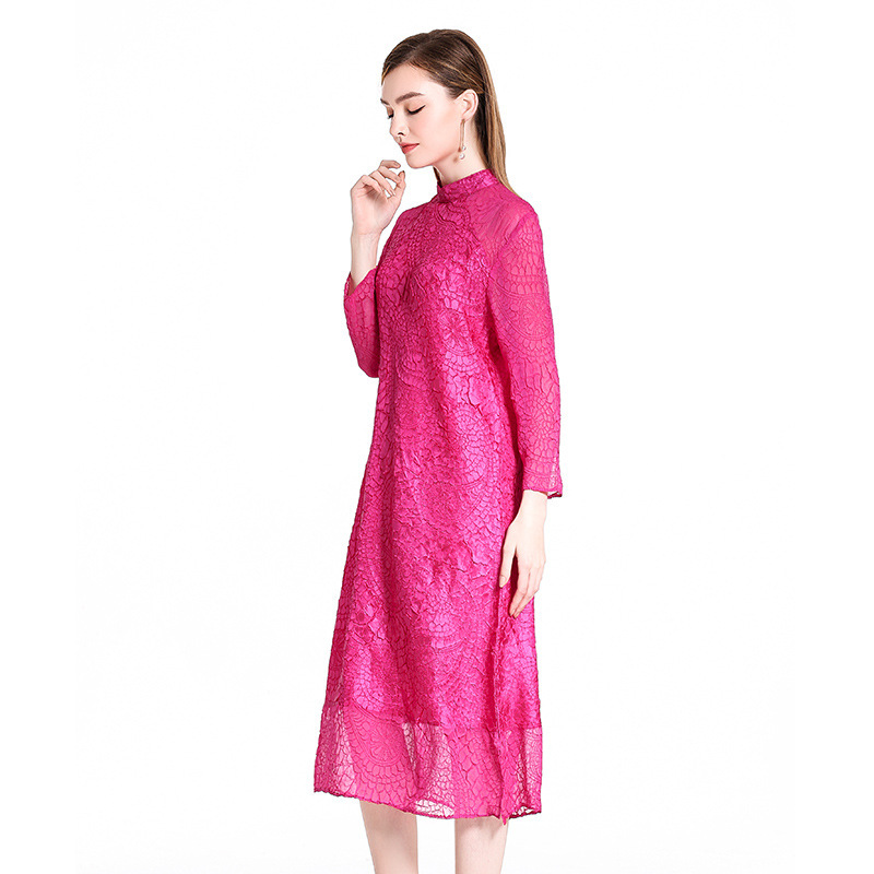 Spring Autumn Women Pleated Crinkled Embroidery Fashion New High End Lady Elegant Long One Piece Dress