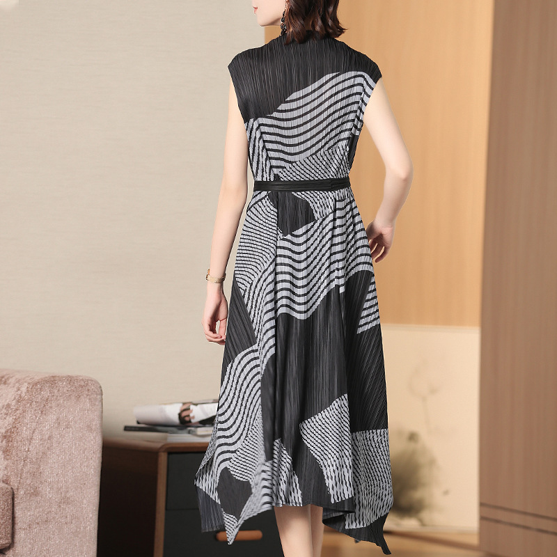 French Vintage Printed Loose Size Women Summer Dress Sleeveless Irregular Dress