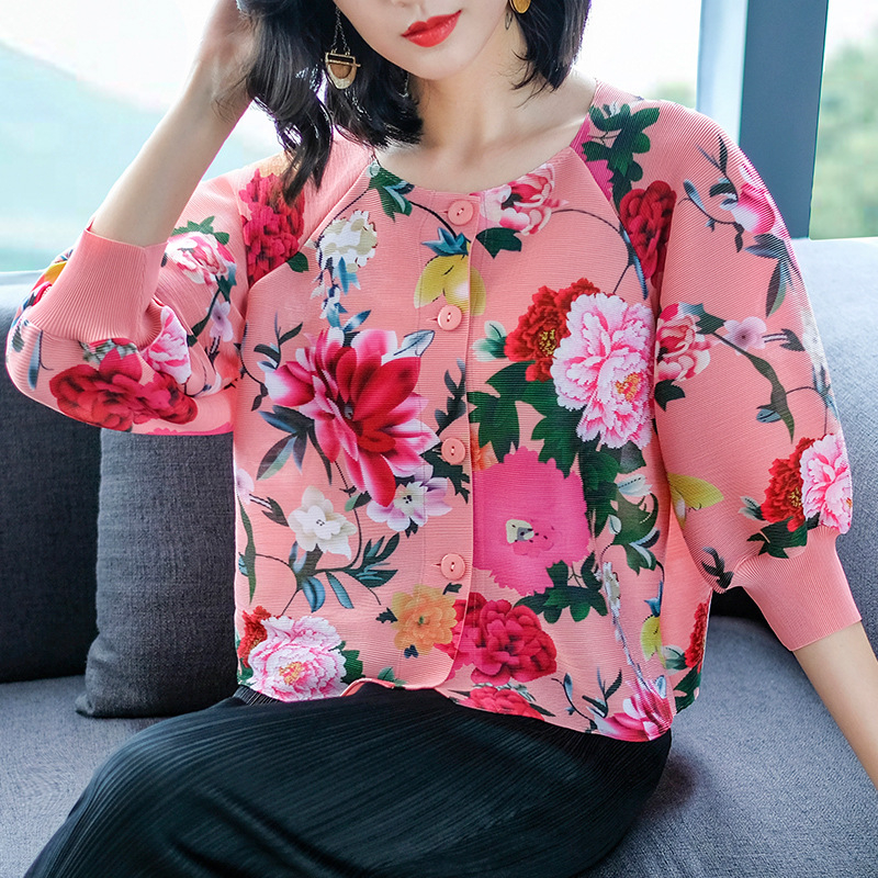 Spring Women Pleated Fashion New Floral Print Loose Tops Shirts