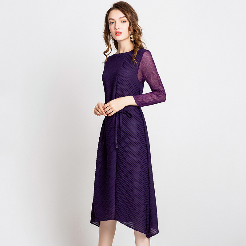 New Arrival Women Pleated A-line Solid Belts Mid-calf Lady Elegant O-neck Autumn Dress