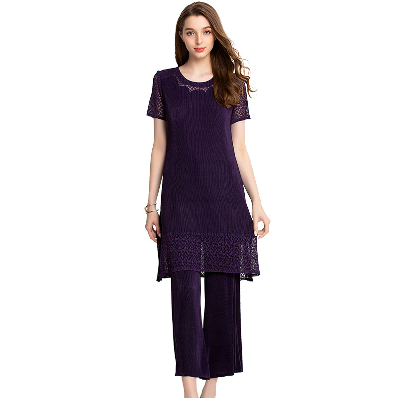 Short-sleeved Lace Suit Loose Big Size Lady Dress Spring Summer Fashion Pleated Dress