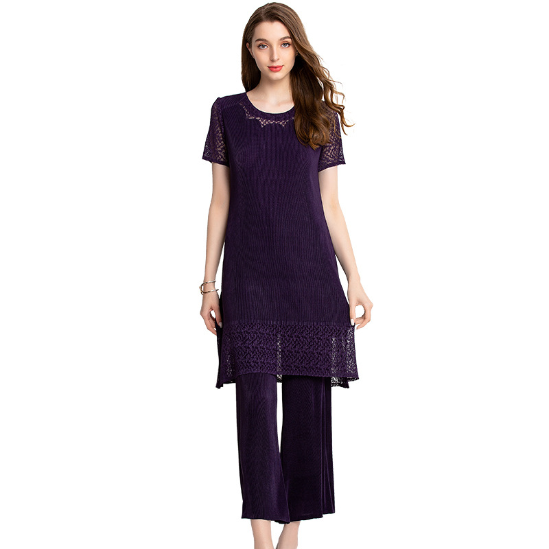 Short-sleeved Lace Suit Loose Big Size Lady Dress Spring Summer Fashion Pleated Dress