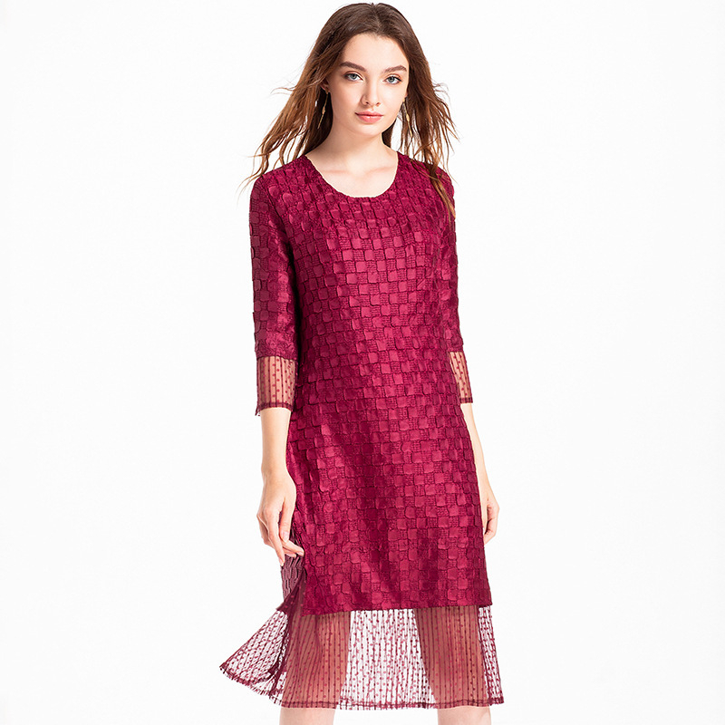 Women Pleated Fashion New Crinkeld Solid Color Lace Lady Elegant Dress