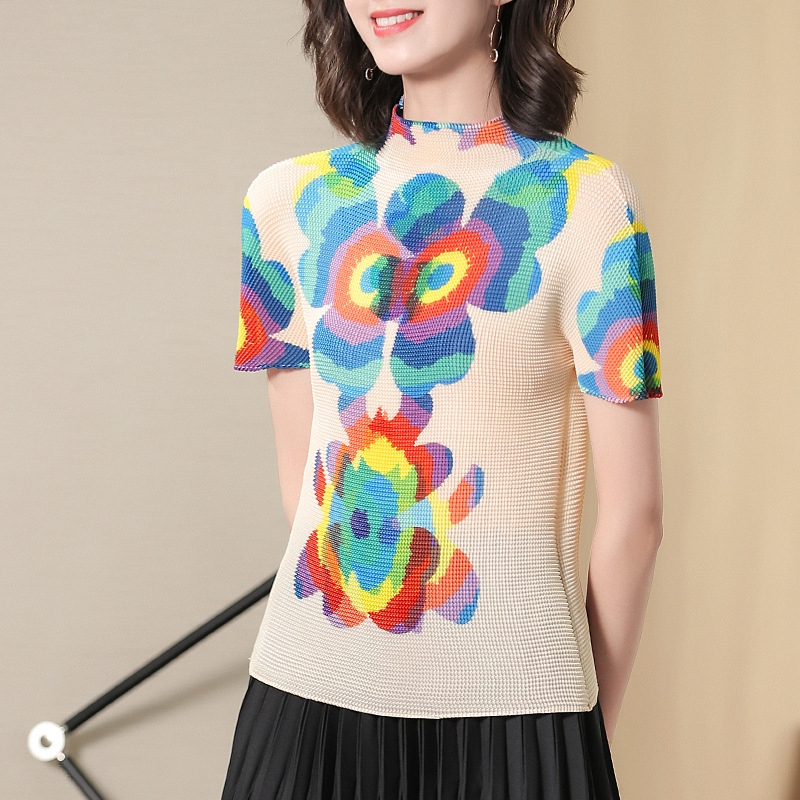 Summer Women Fashion Pleated blouse Short Style 2019 New Large Size Printed Tops