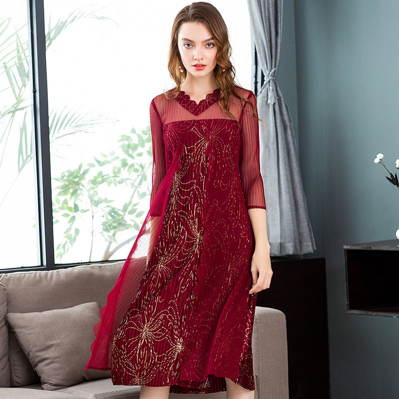 Women Pleated Fashion New Tidal Print Popular Lady Elegant Dress