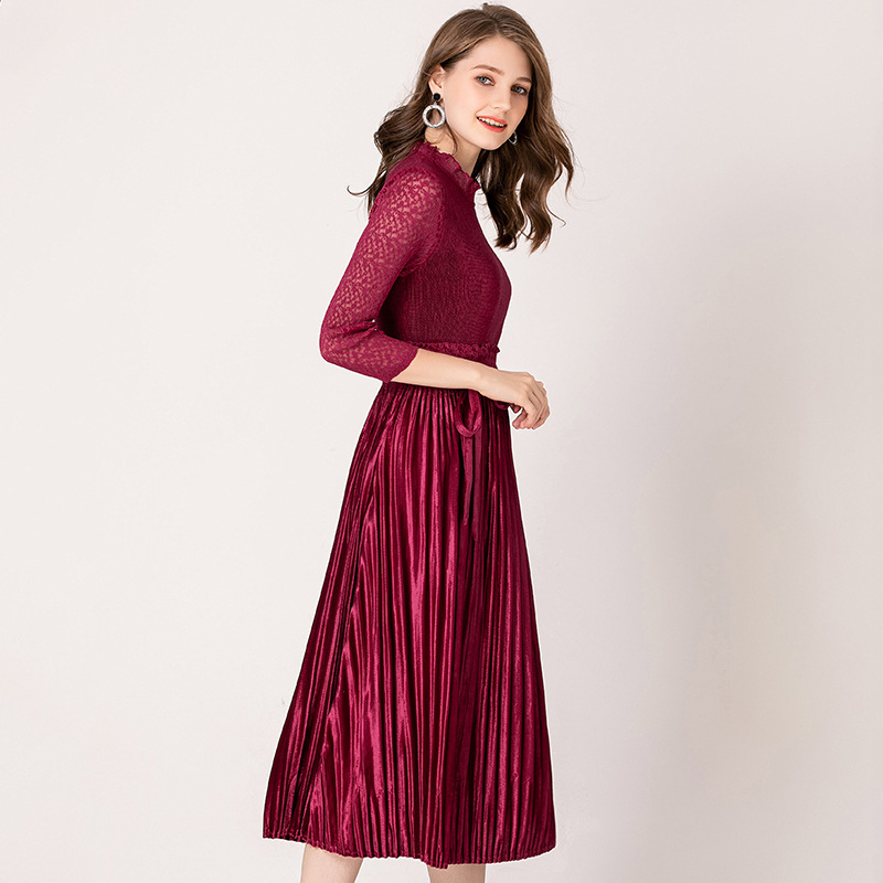 Women Pleated Fahsion New Lace Lady Elegant High Quality Dress