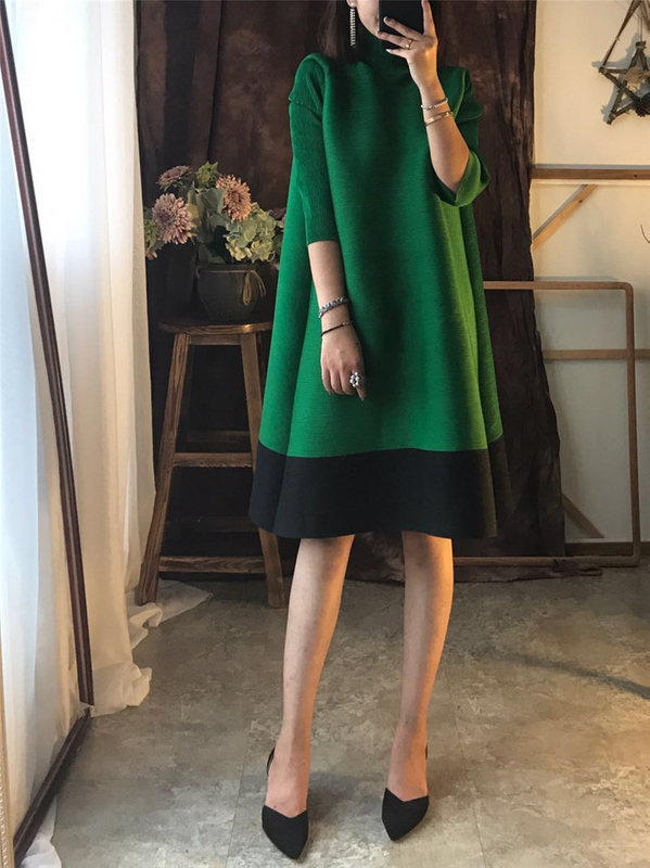 2018 New Arrival Women Pleated Casual Loose Patchwork Knee-length O-neck Lady Fashion Autumn Dress