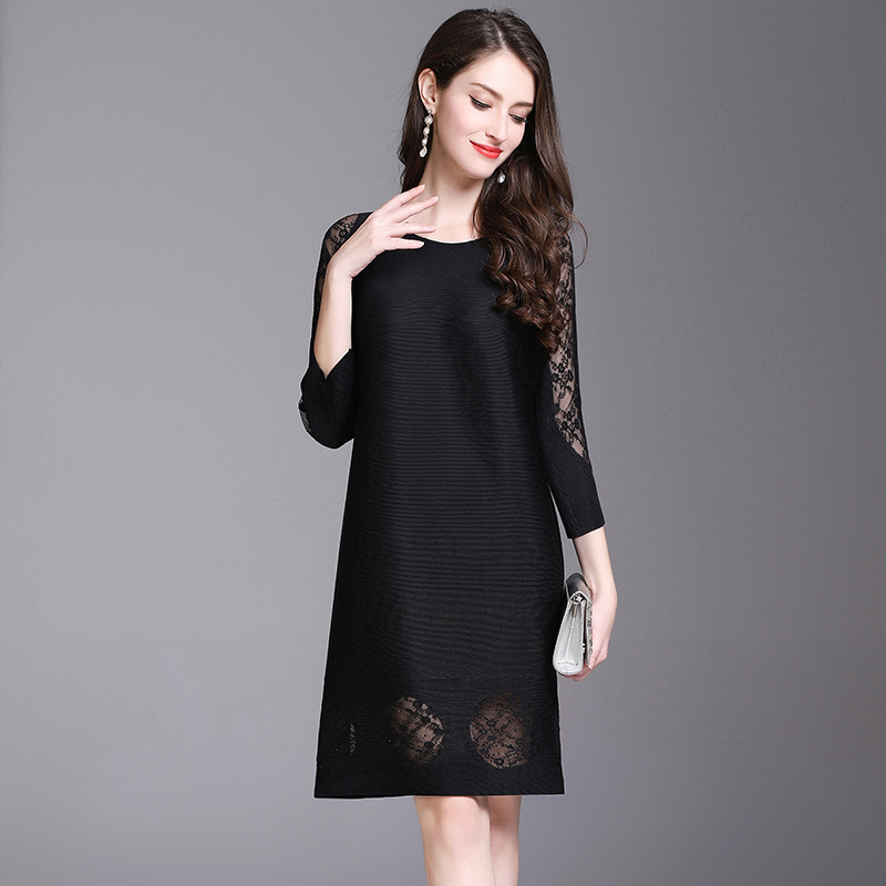 Spring Autumn Women Pleated Solid Color Fashion New Lady One Piece Dress