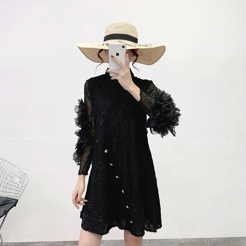 Pleated Heavy Industry Bubble Sleeve Dress 2020 Spring New Air Pressure Pleated Fur Bottom Dress