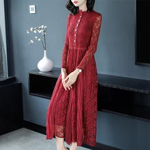 Women Lace Pleated Lady Elegant High Quality One Piece Long Slim Dress