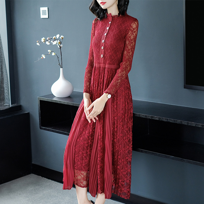 Women Lace Pleated Lady Elegant High Quality One Piece Long Slim Dress
