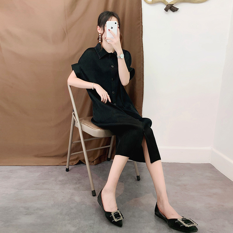 Pleated Button-down Dress Short Sleeve Loose Size Women Summer Dresses