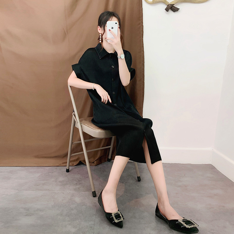 Pleated Button-down Dress Short Sleeve Loose Size Women Summer Dresses