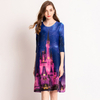 Castle Digital Printed Pleated Big Size Loose Casual Fashion New Dress
