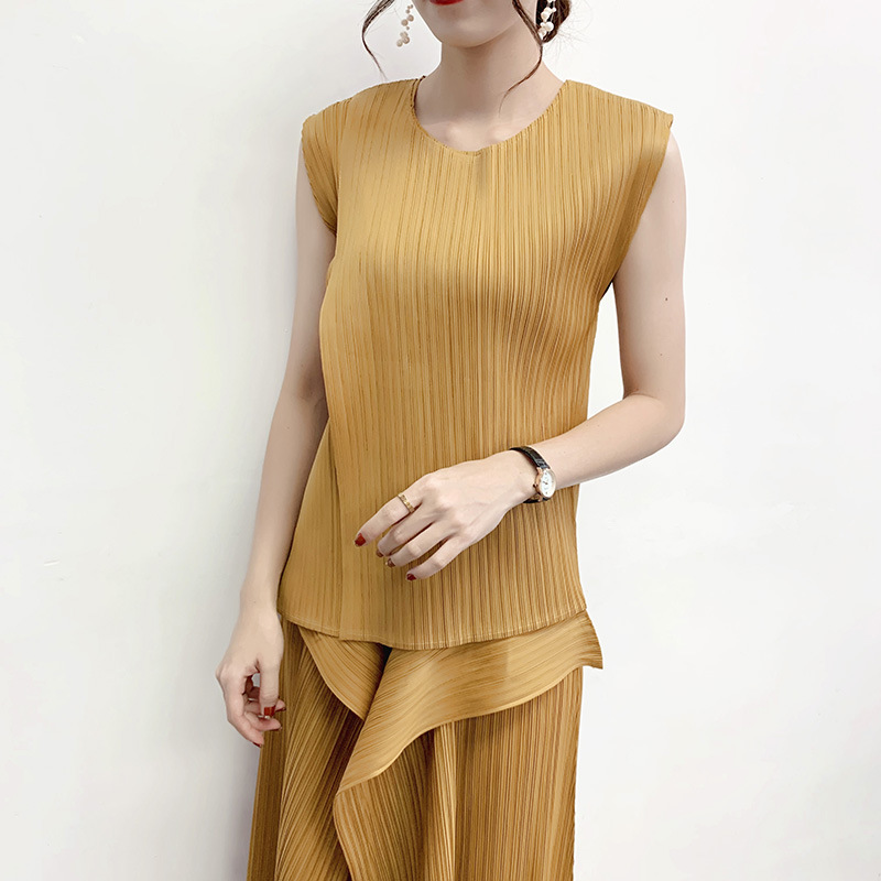 Women Pleated Tops 2020 Spring New Irregular Trousers Casual Straight Pants Two Piece Clothing Set