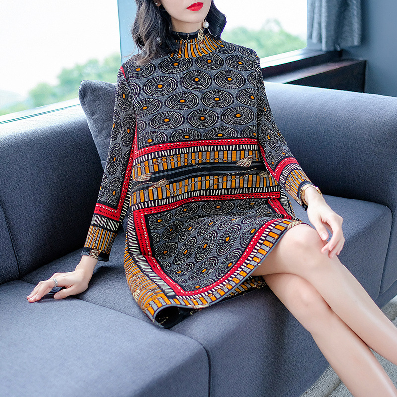 Long Sleeve Dresses New Spring Female Fashion Retro Collar Printed Loose Large Size Wear