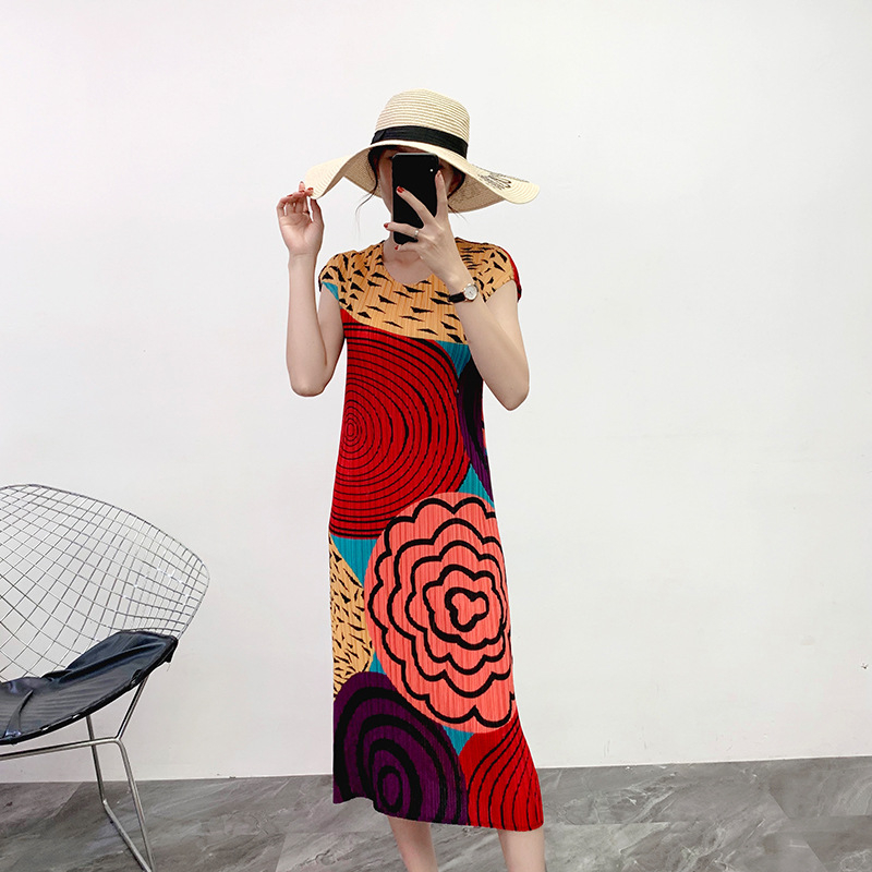 Women Pleated Long Dress Short Sleeve Print Tidal Loose Big Size Dress