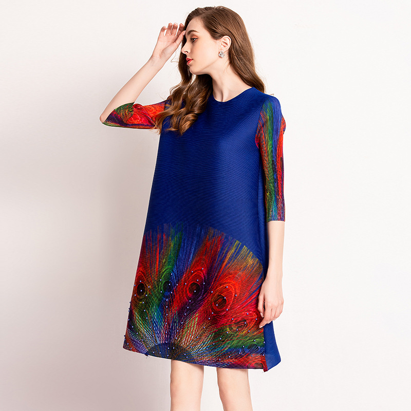 Women Pleated Dress Big Size Loose Popular Summer Fashion Digital Nail Dress