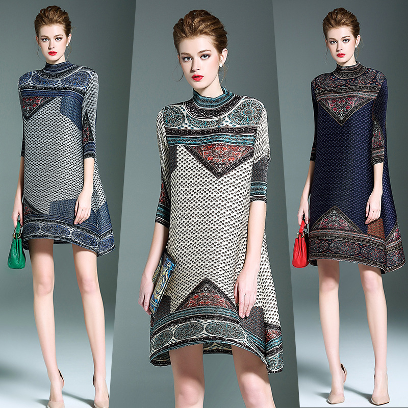 Spring New Style Print Casual Straight Geometric Pleats Dress