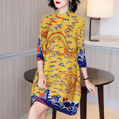 French Retro Chinese Style Print Dress Spring 2021 New Women's Loose Plus Size Pleated Dress