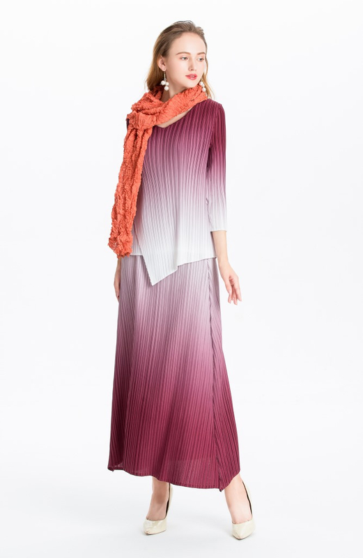 Women Pleated Dress Gradient Colour Spring Autumn Long Sleeve Irregular Tops Elegant Leisure Dress Clothing Sets