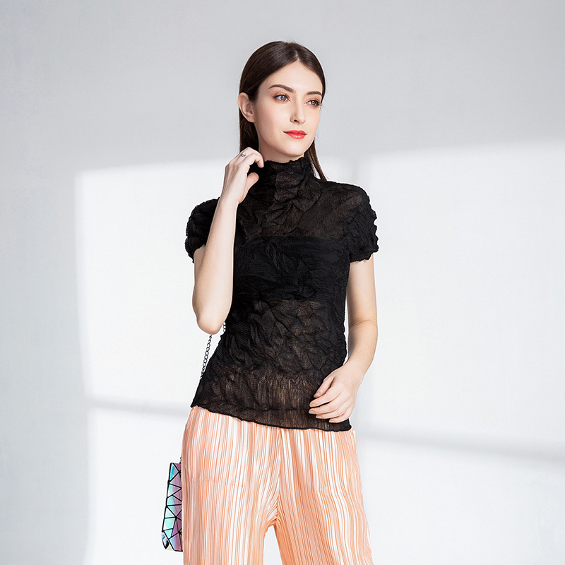Women's 2020 Summer Pleated Black Sexy Perspective T-shirt Top Women's Short Sleeve Shirts