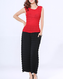 Women Pleated Tops Solid Color Trousers Two Pieces Clothing Sets