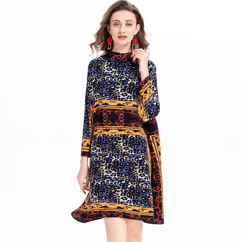 High Neck Leopard Print Women Pleated Tidal Loose Big Size Dress