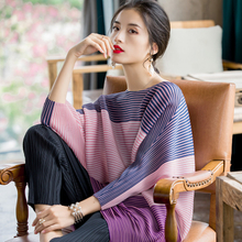 Women Pleated Tops Large Stripe Print Spring 2020 New Relaxed Belly Covering T-shirt