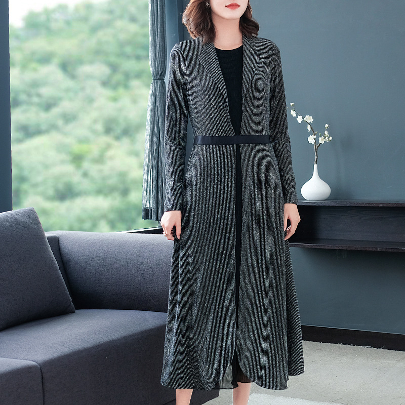 Autumn 2019 Lady Slim Big Size Pleated Dress Fake Two Mesh Spliced Pleated Dress