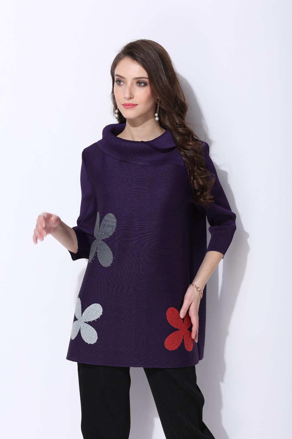 new style pleated long sleeve print flower t-shirt