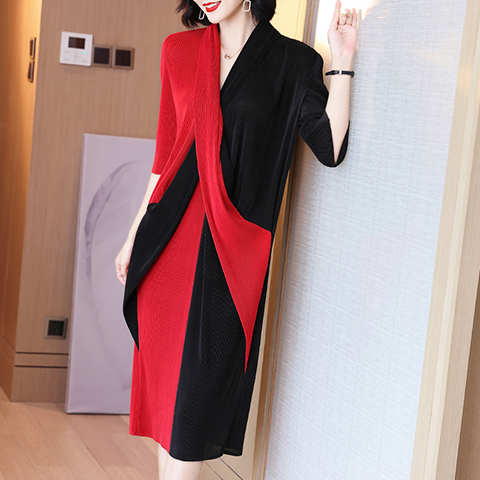 French Style Lady Dress Spring Dress 2021 New Women's Contrast Color Black And Red Patchwork Dress