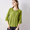 Women Tops O-neck One Button Casual Thin Pleated T-shirt
